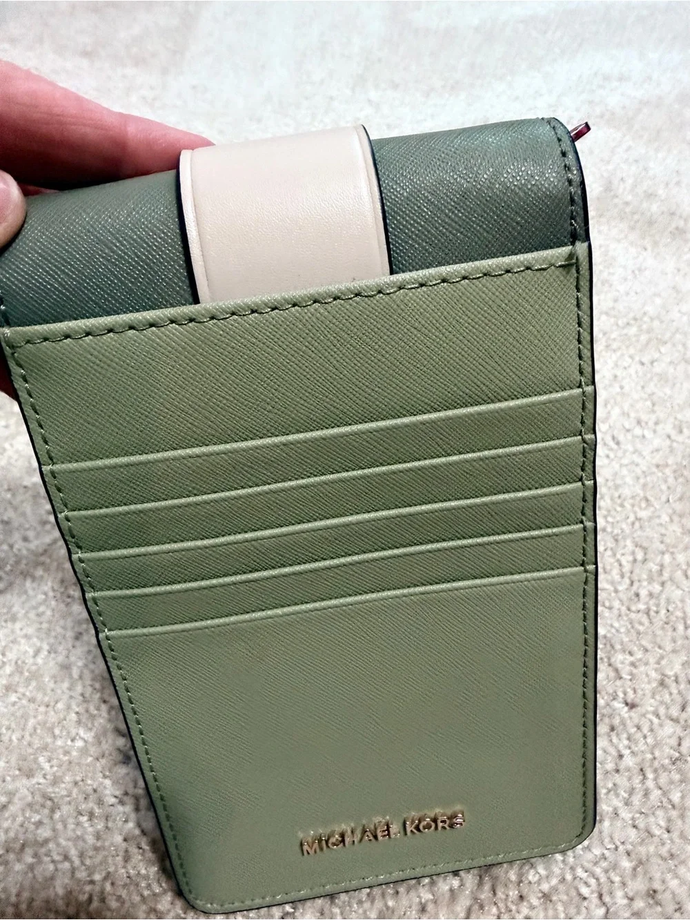 Michael Kors Green & Cream Saffiano Crossbody Phone Bag with Gold MK Logo